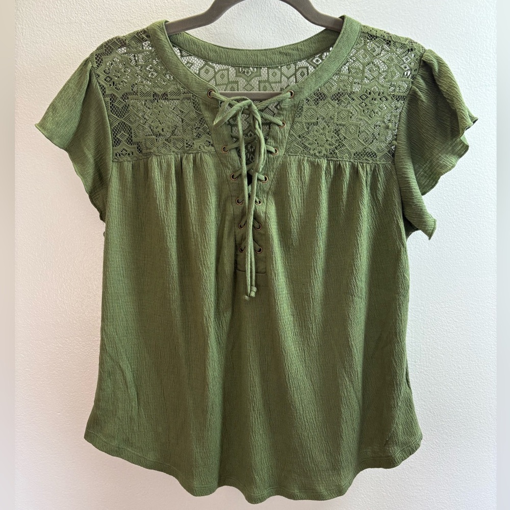 No Boundaries Green Lace Boho Peasant Blouse L Juniors